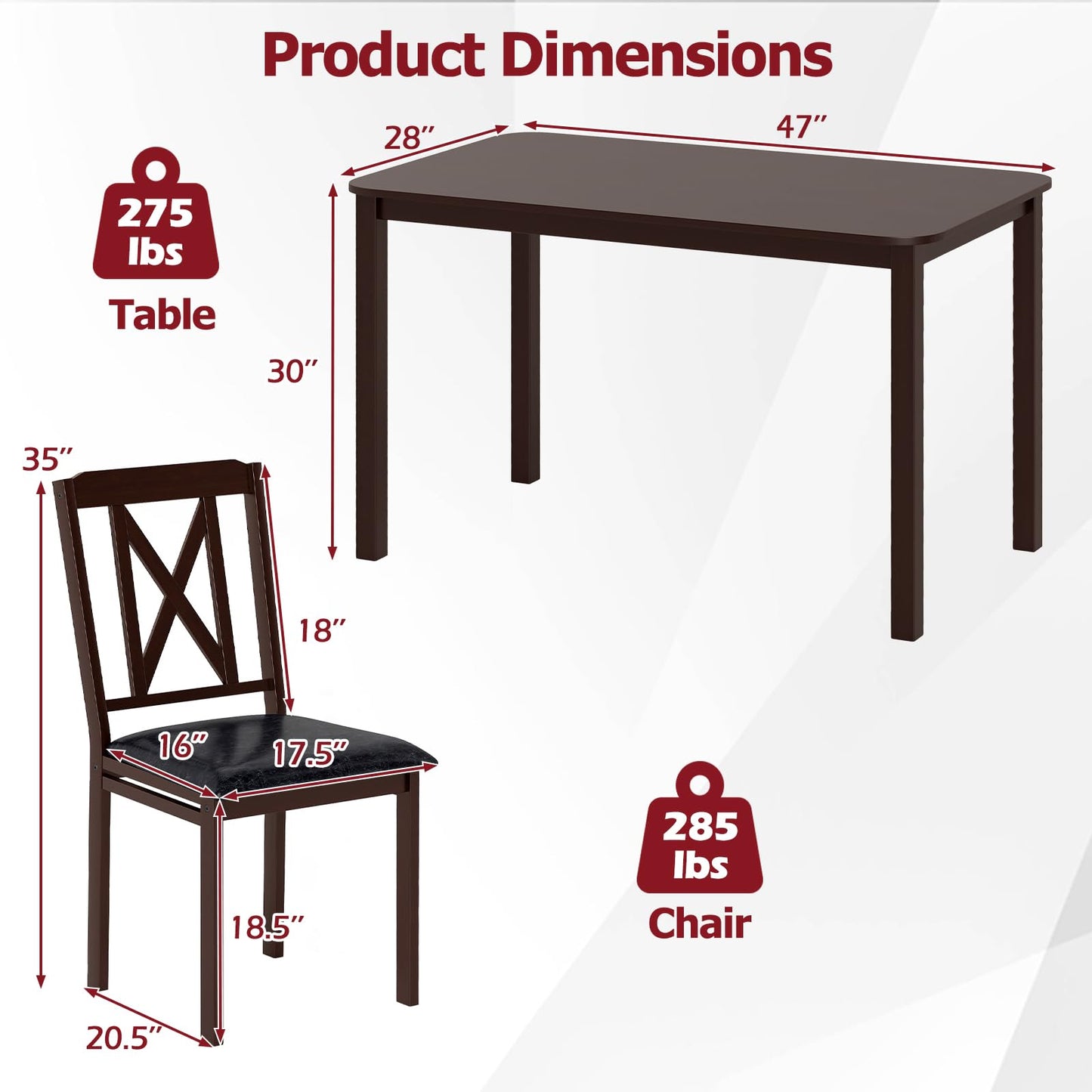 Tangkula 47" Dining Table Set for 4 Farmhouse Solid Wood Dinette Set