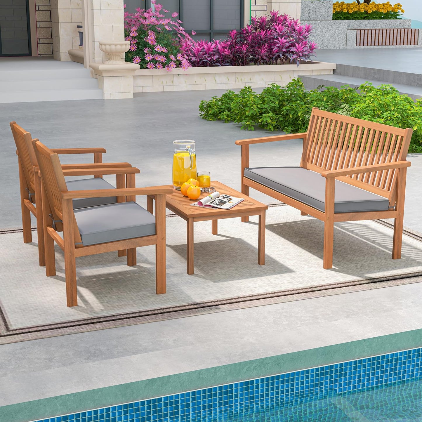Tangkula 4 Piece Patio Wood Furniture Set, Acacia Wood Sofa Set w/Loveseat, 2 Chairs & Coffee Table