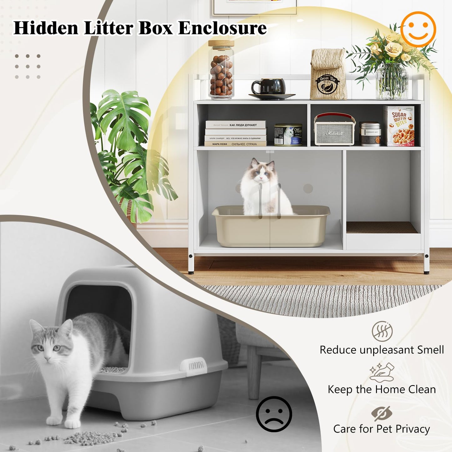 Meuble Cache-Litière Tangkula avec 2 Compartiments de Rangement pour Chatons d'Intérieur
