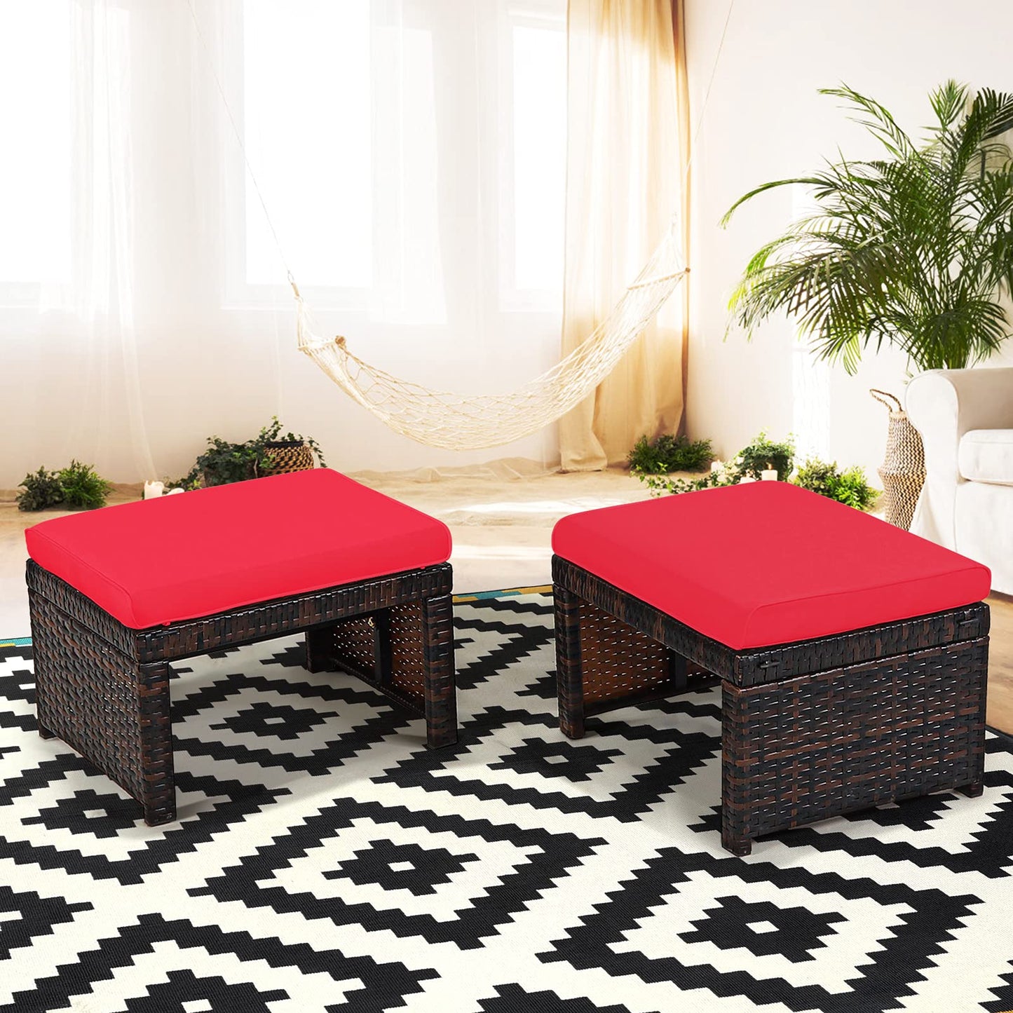 2 Pieces Patio Rattan Ottomans, All Weather Outdoor Footstool Footrest Seat