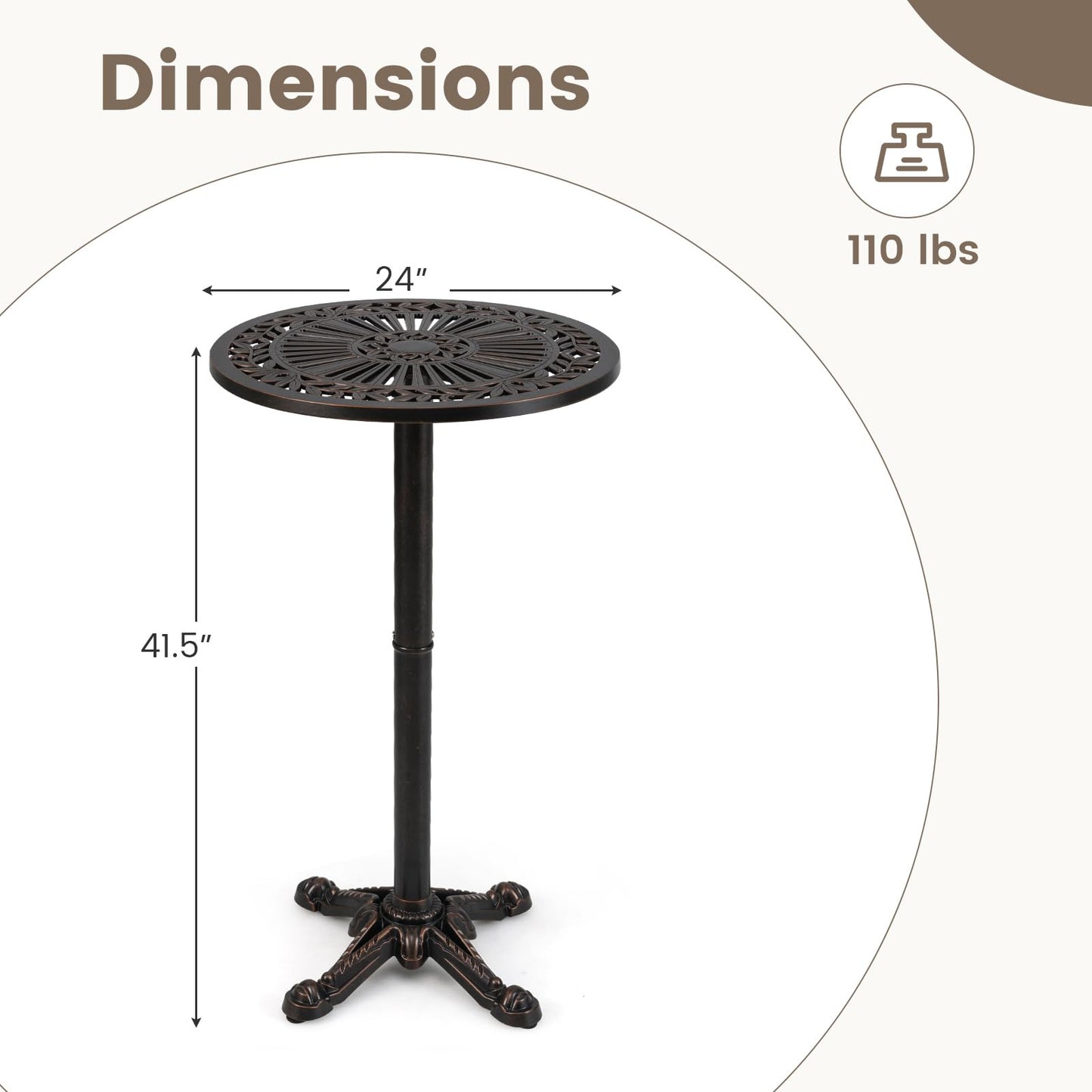 Tangkula Table de bar ronde d'extérieur 61 cm pour jardin, véranda, balcon ou bord de piscine