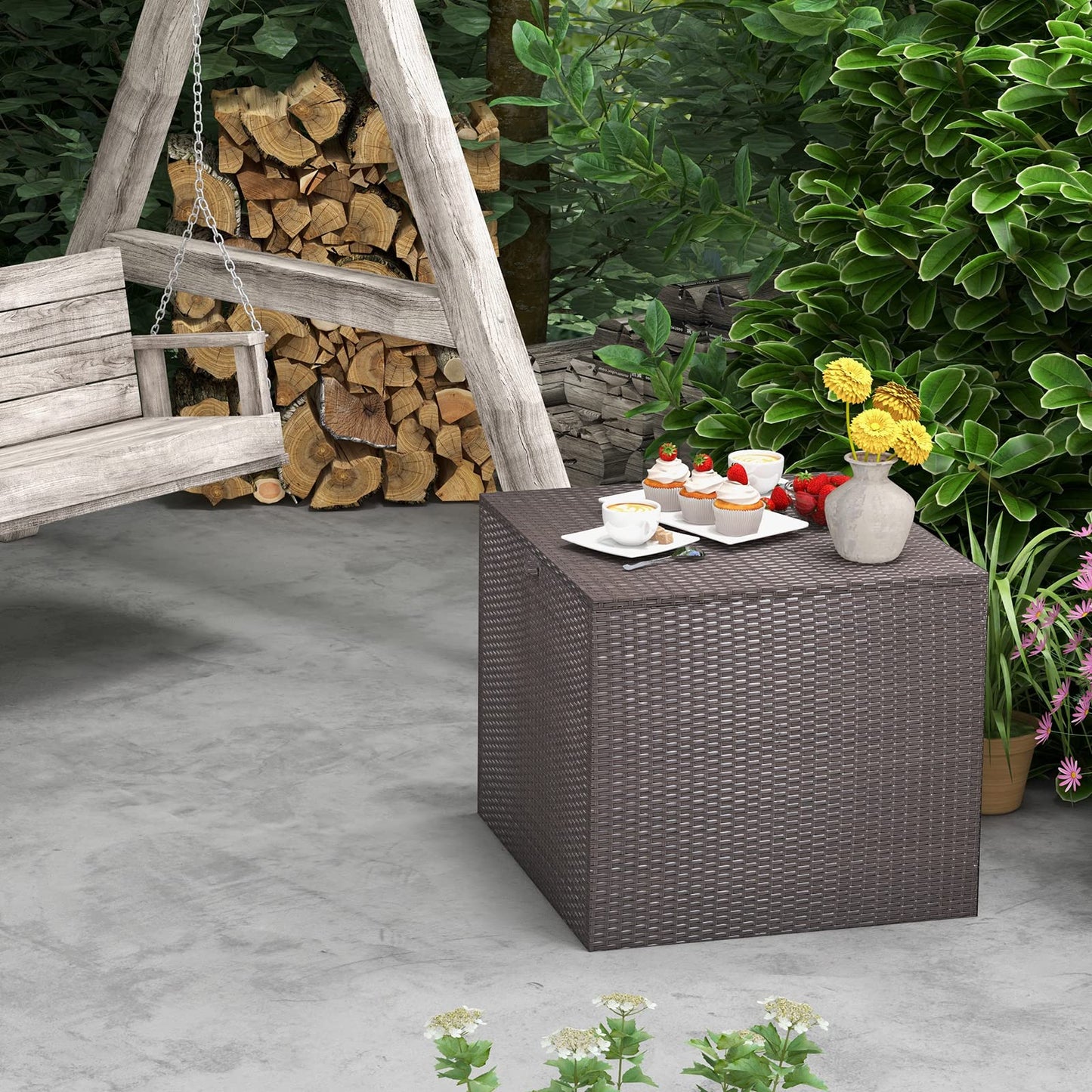 Tangkula 72 Gallon Square Deck Box, Patio Mix Brown Rattan Storage Container