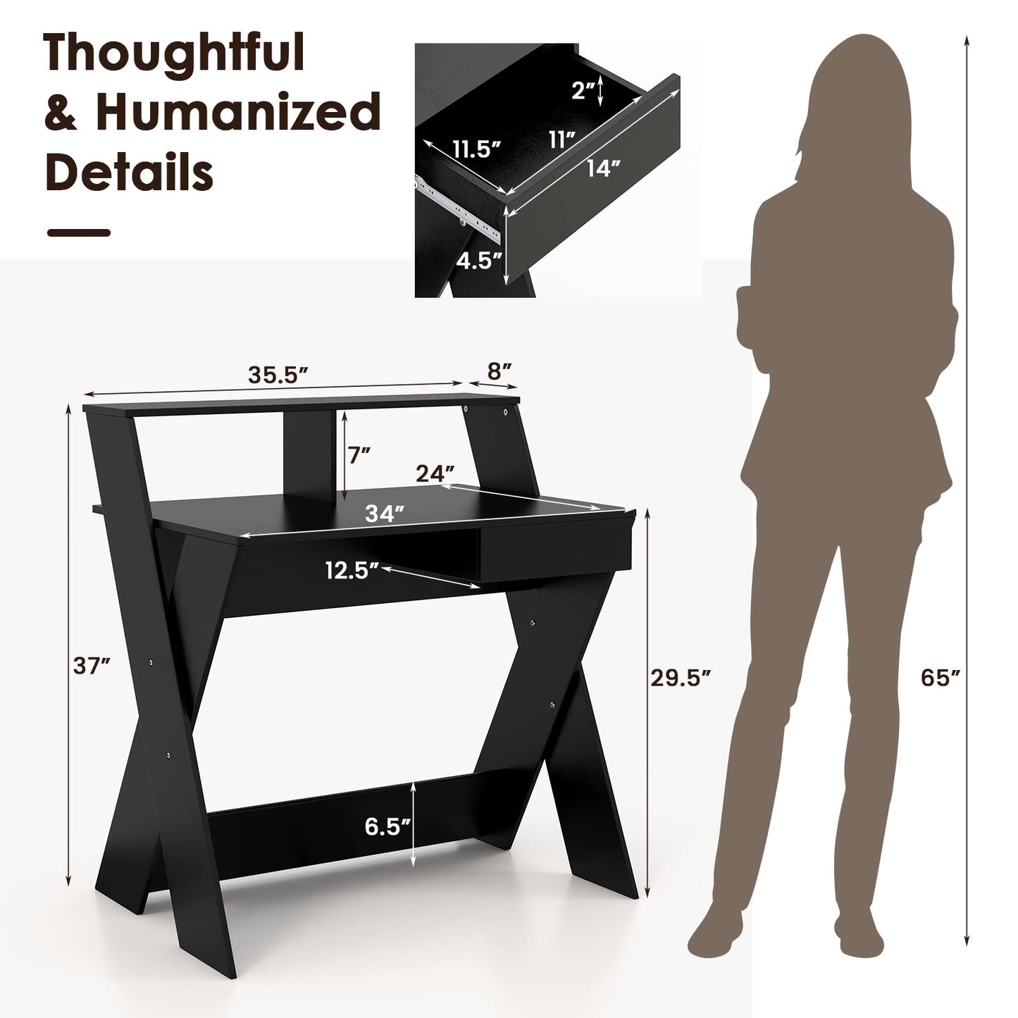 Tangkula Computer Desk with Storage Drawer, Small Writing Desk with Monitor Stand Riser