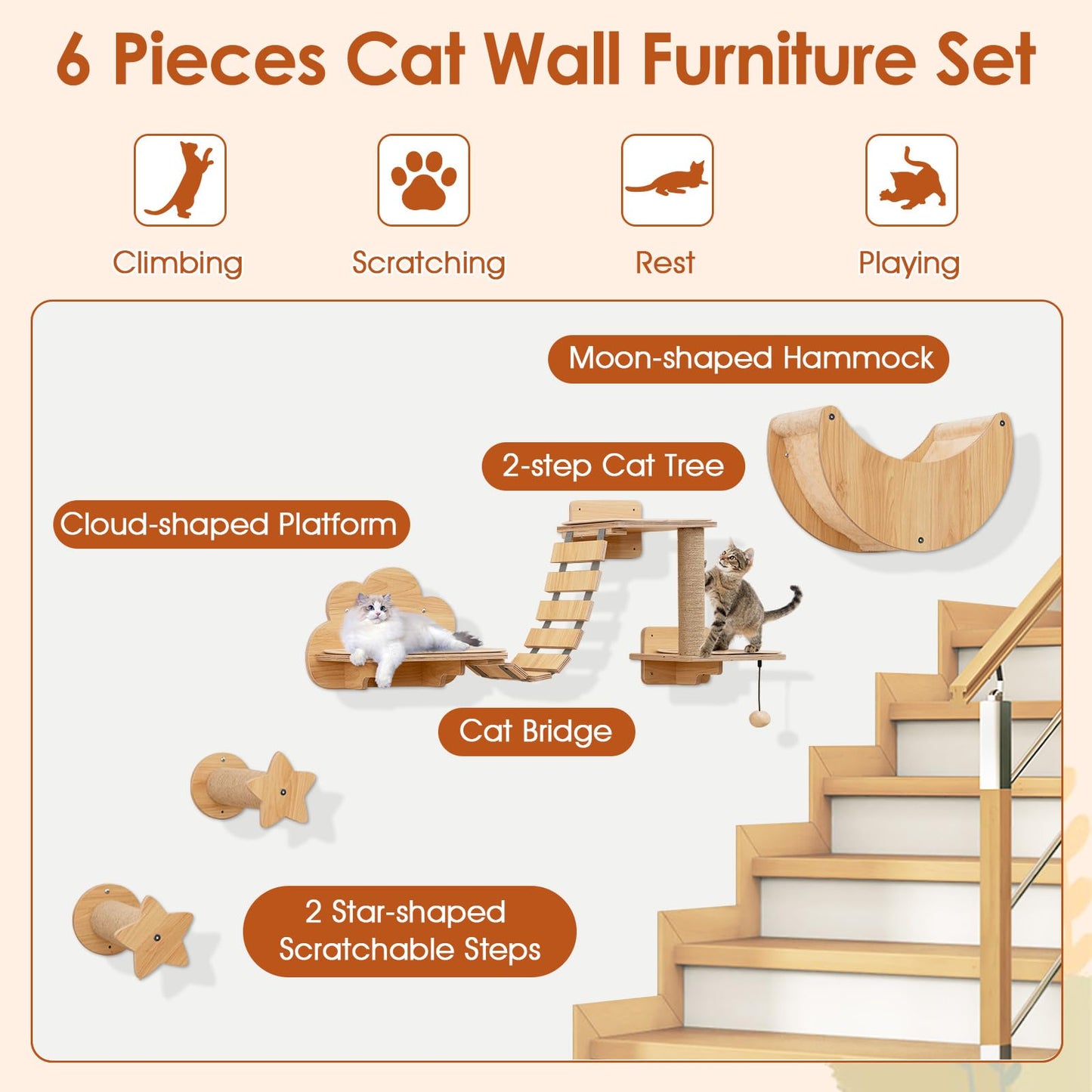 Tangkula Cat Wall Shelves | 6 Pieces Wooden Wall Mounted Kitten Furniture Set with Hammock
