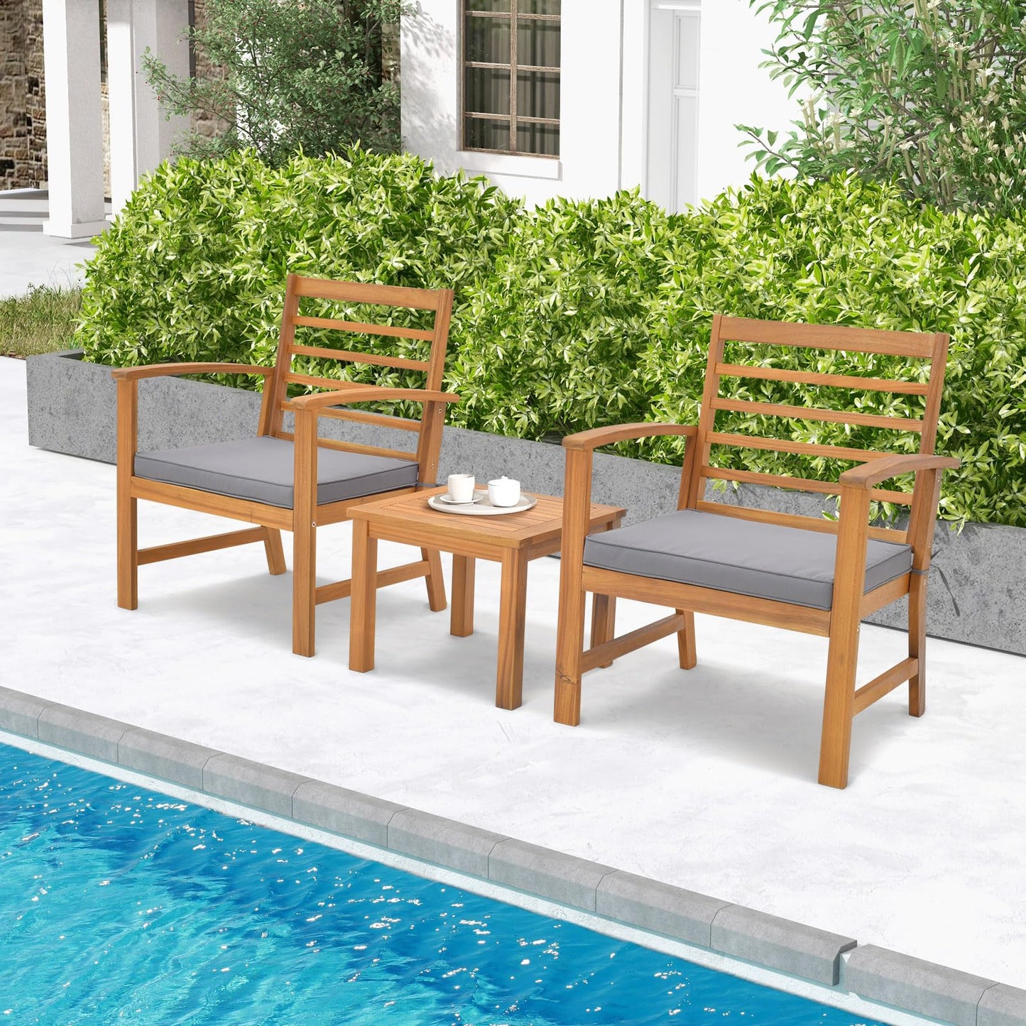 Tangkula 3 Pieces Outdoor Furniture Set, Acacia Wood Conversation Set with Soft Seat Cushions