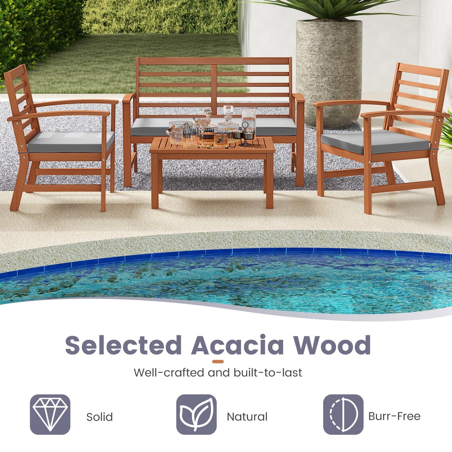 Tangkula 4 Pieces Outdoor Furniture Set, Acacia Wood Conversation Set w/Soft Seat Cushions