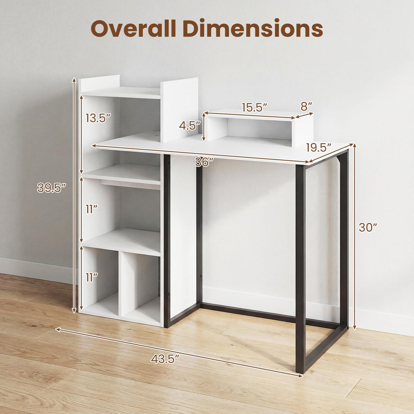 Tangkula 43.5" Computer Desk with Charging Station Ergonomic Monitor Stand & Storage Shelves