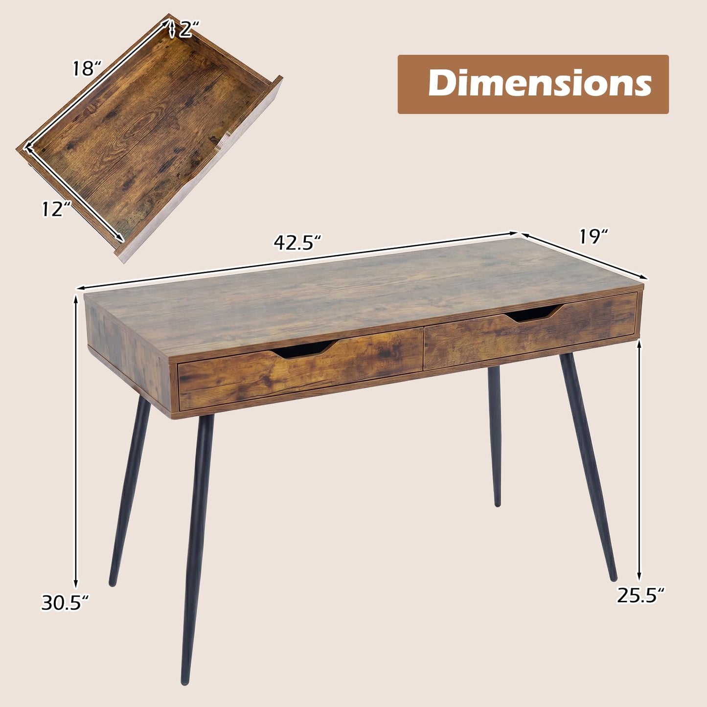 Tangkula Writing Desk w/2 Storage Drawers & 4 Rubber Wood Legs