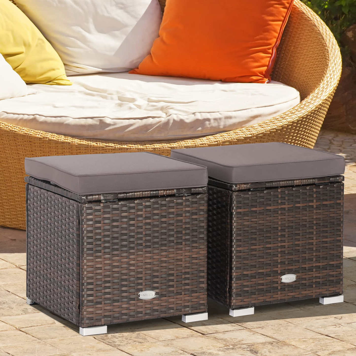Tangkula 2 Pieces Patio Ottomans, Patiojoy Hand-Woven PE Rattan Side Table with Removable Cushion & Hidden Storage Space