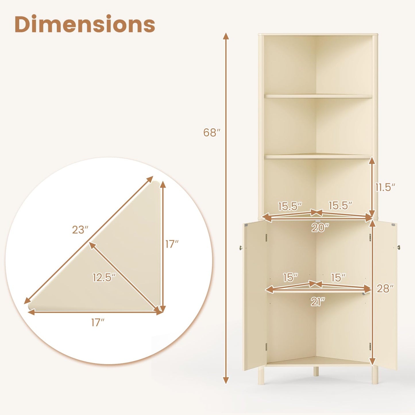 Tangkula Armoire d'angle haute de 173 cm avec 5 étagères et 2 portes cannelées
