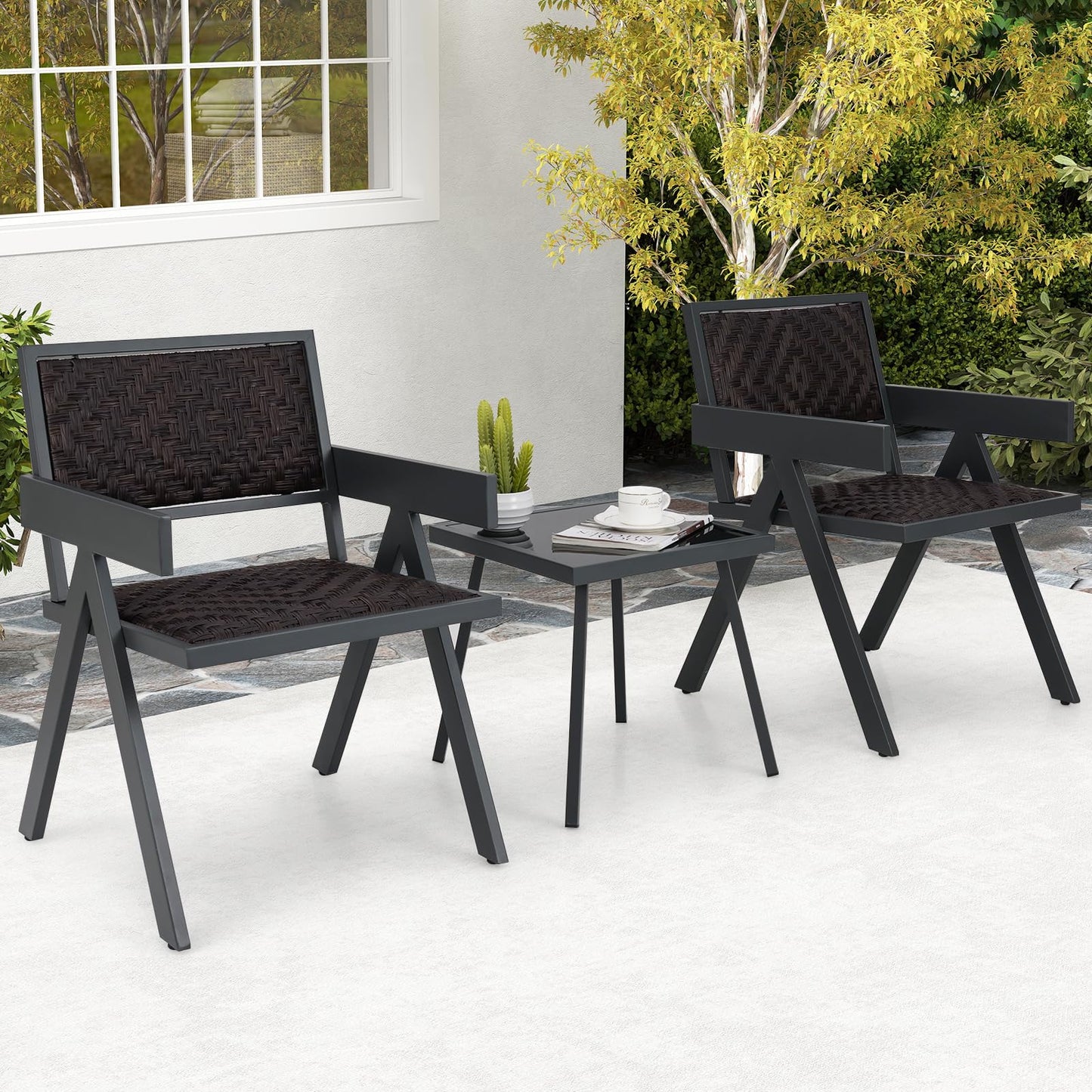 Tangkula 3 Pieces Patio PE Wicker Bistro Set