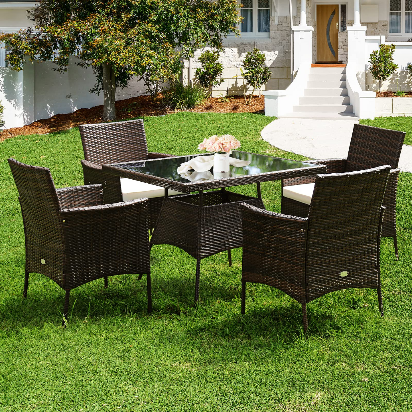 Tangkula 5 Pieces Wicker Patio Dining Set, Outdoor PE Rattan Chairs Table Set with 4 Seat Cushions