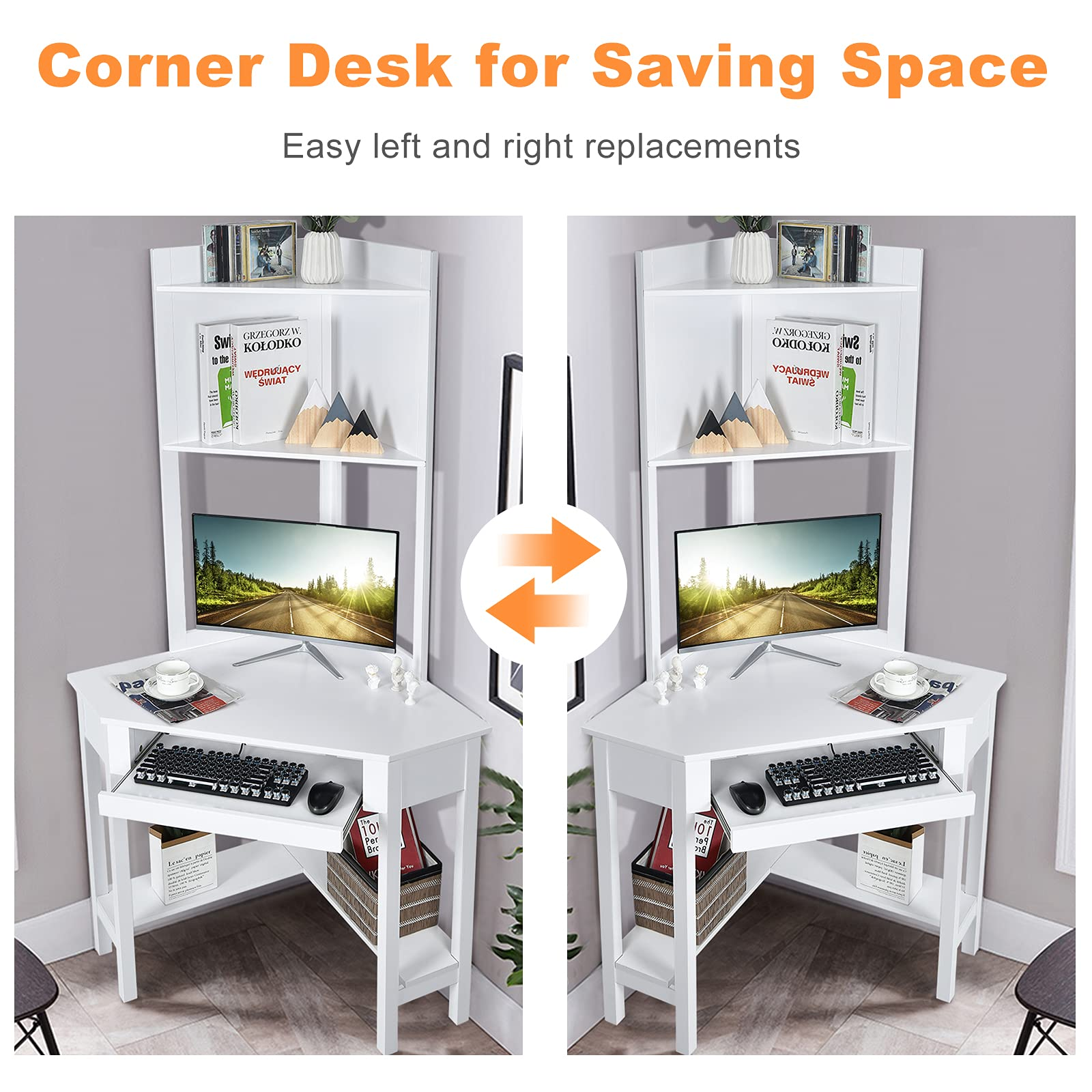 White Corner Desk with Hutch - Tangkula