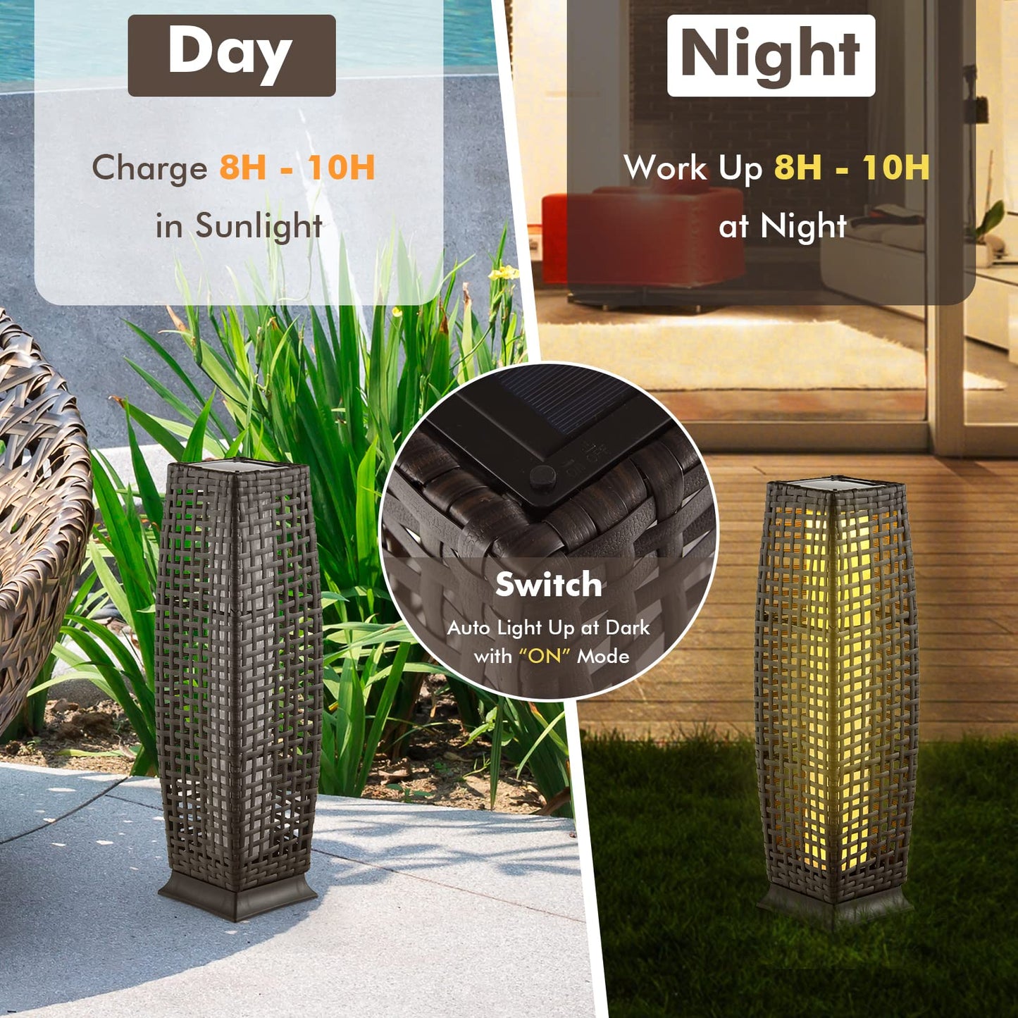 Tangkula 2-Piece Outdoor Solar Powered Floor Lamps, IP65 Waterproof Wicker Floor Lamps with Auto On/Off LED Light