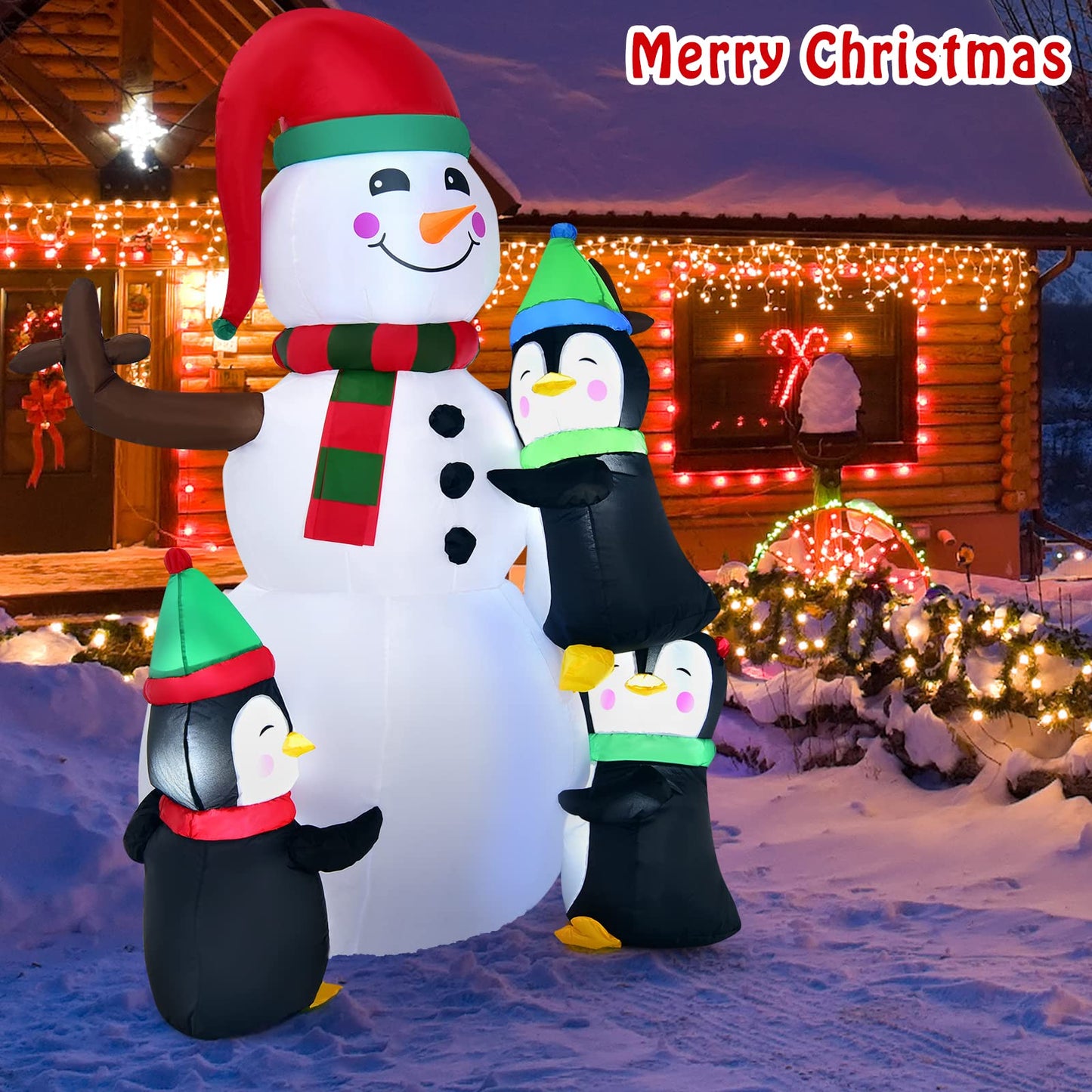 Tangkula 6 FT Christmas Inflatable Snowman with 3 Penguins