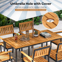 Tangkula 7 Piece Outdoor Dining Set for 6, Acacia Wood Rectangular Dining Table & 6 Armchairs w/Metal Frame