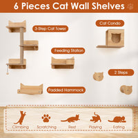 Tangkula Cat Wall Shelves 6 Pieces Wooden Wall Mounted Kitten Furniture Set