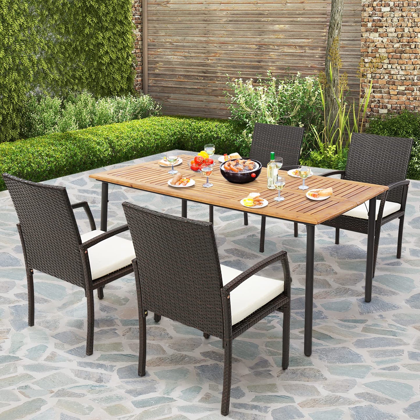 Tangkula Patio Wicker Dining Chair Set of 2, Outdoor PE Rattan Armchairs with Removable Cushion