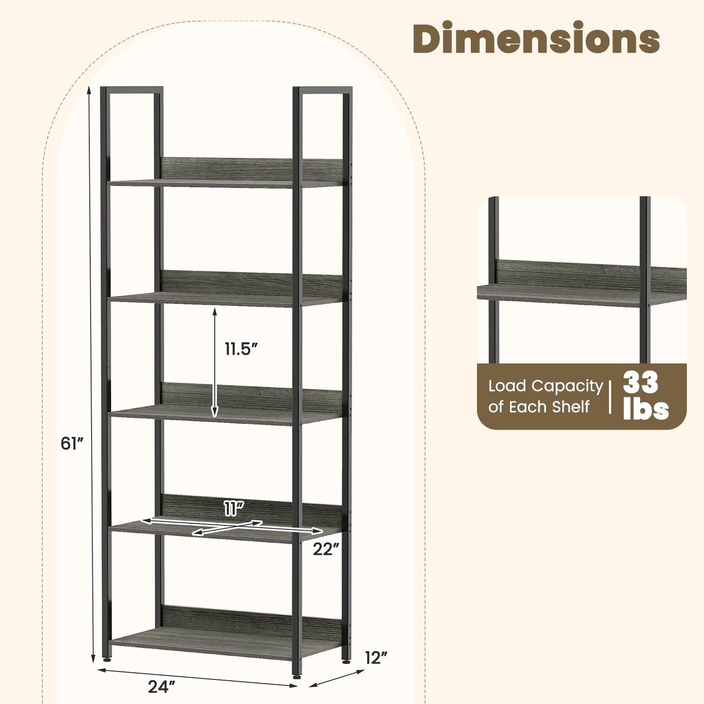Tangkula 61”H Open Bookcase with Metal Frame