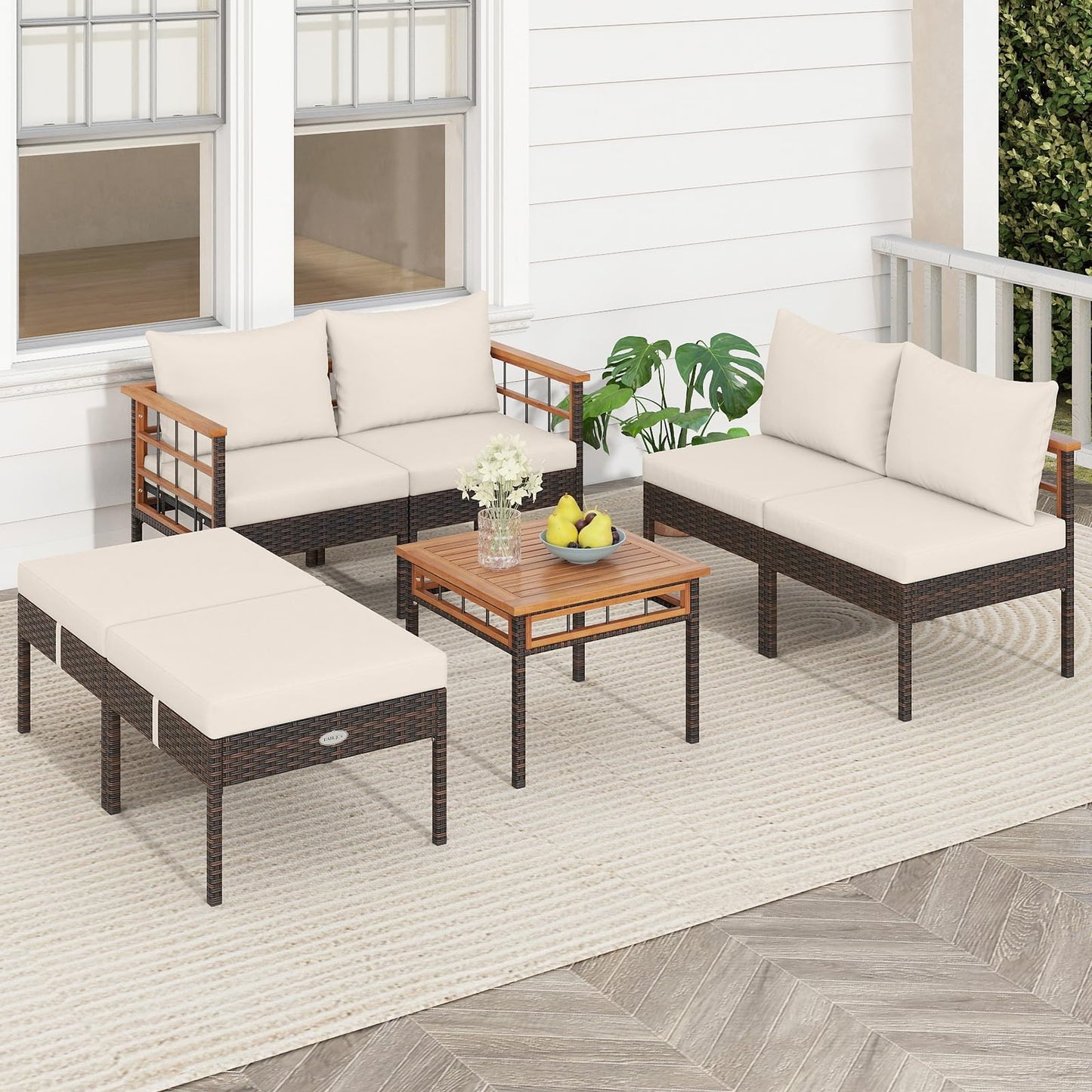 Tangkula 7 Pieces U Shaped Outdoor Wicker Furniture Set
