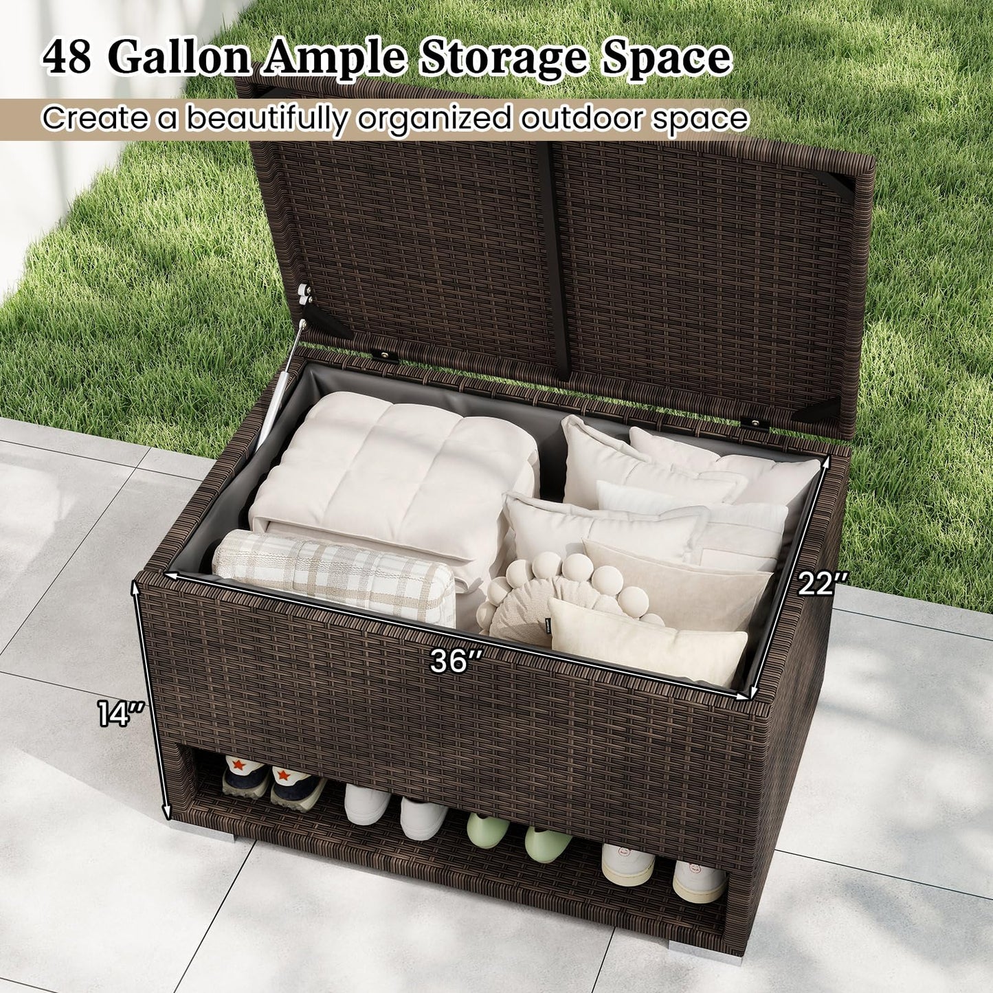 Tangkula 48 Gallon Rattan Outdoor Storage Box with Shoe Rack