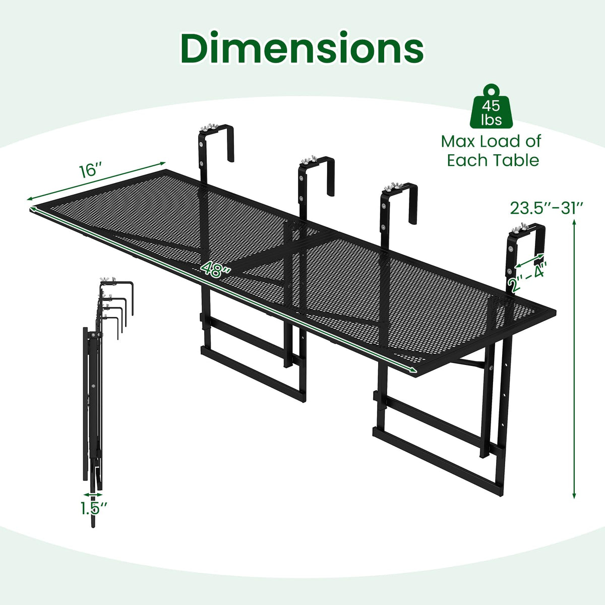 Tangkula Table de balcon pliable 122 cm pour rambardes de 3,8 cm à 8,9 cm d'épaisseur