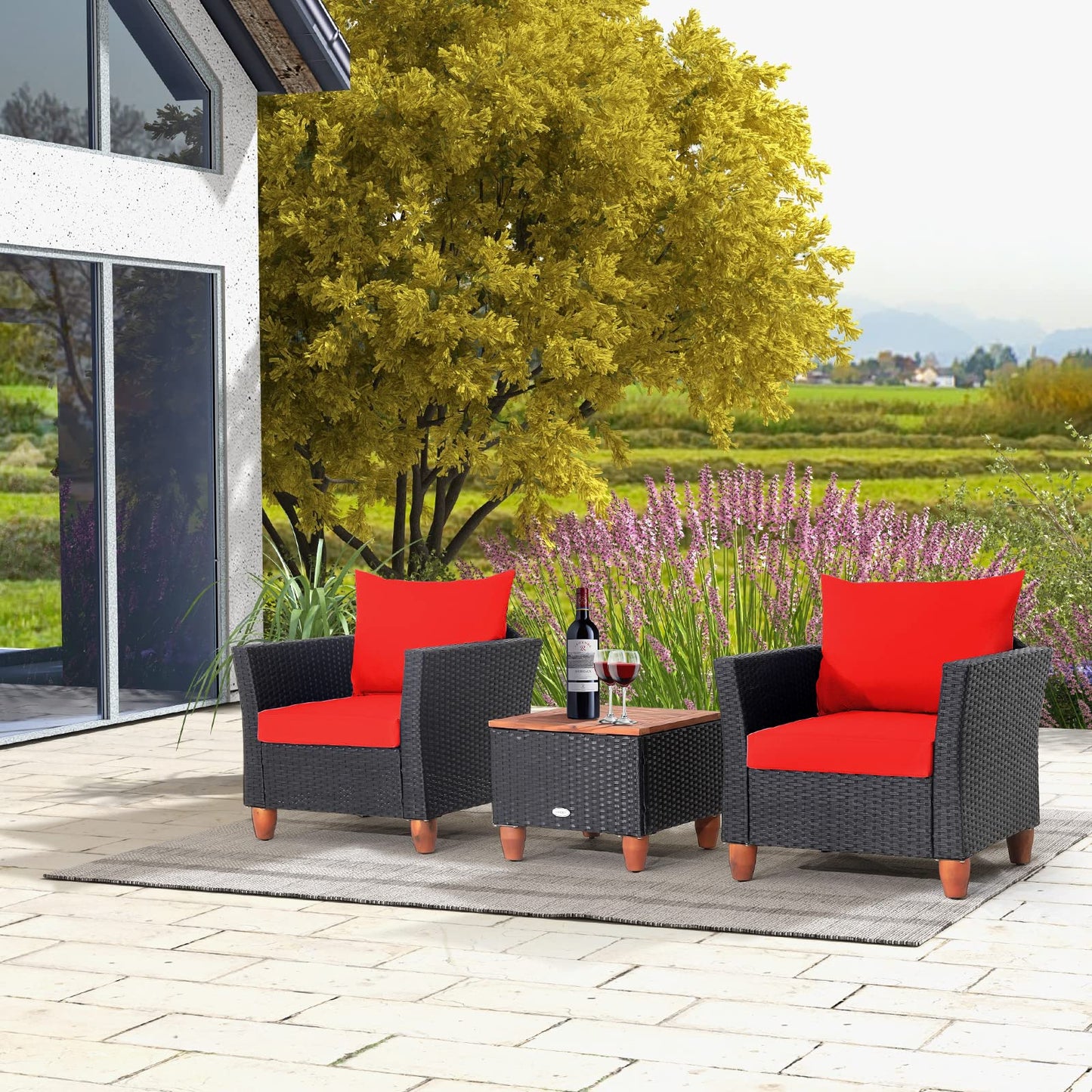 Tangkula 3 Pieces Patio Porch Furniture Set, PE Rattan Wicker Chair Conversation Set with Cushions and Storage Table