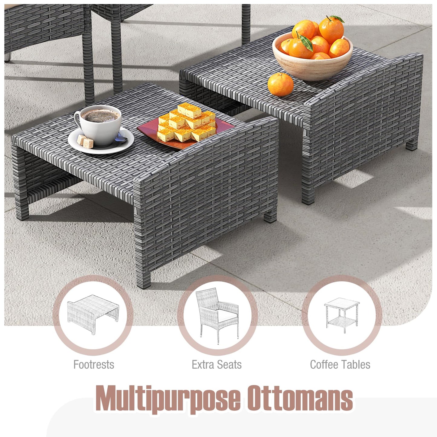 Tangkula 5 Pieces Patio Conversation Set, Outdoor PE Rattan Chairs with Soft Cushions, Ottomans & Tempered Glass Top Table