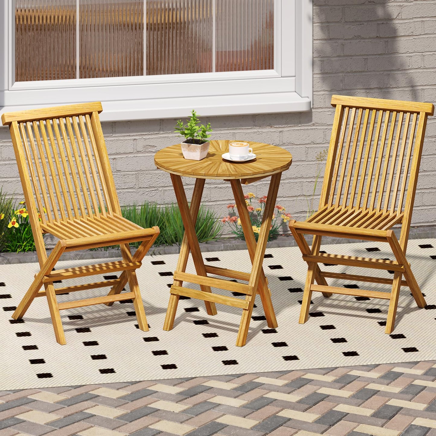 Ensemble bistro de terrasse pliable Tangkula 3 pièces, table ronde à lattes et chaises à dossier haut en bois de teck