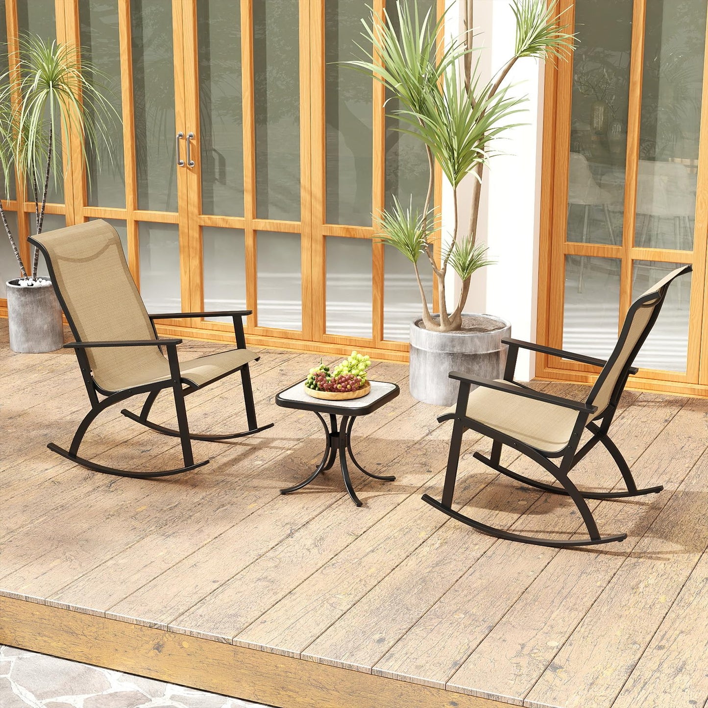 Tangkula 3 Piece Patio Rocker Set w/High Backrest & Wood-Plastic Tabletop