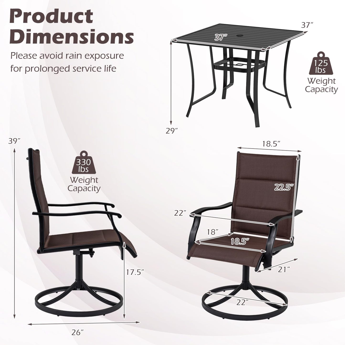 Tangkula 4 Swivel Chairs and 37" Square Patio Table with Umbrella Hole