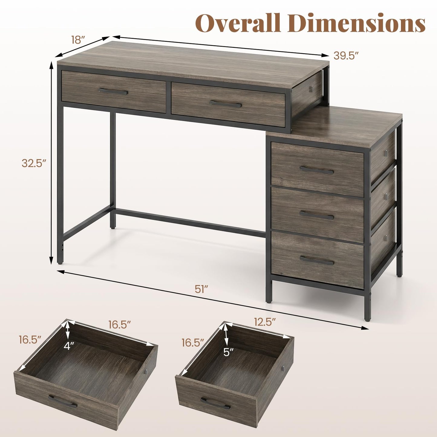 Tangkula Reversible Computer Desk with 5 Drawers (51-Inch)
