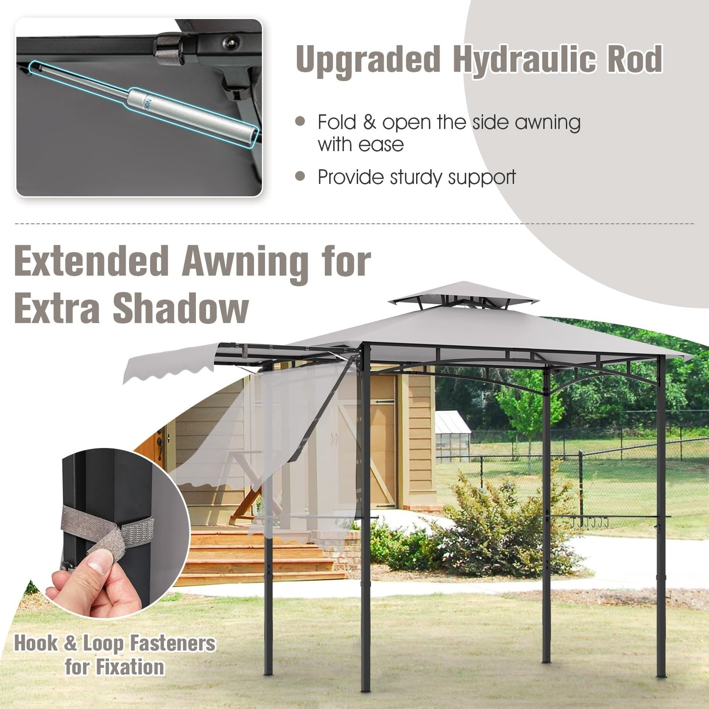 Tangkula 10.5x5 FT Grill Gazebo with Side Awning, 2-Tier Barbecue Gazebo with 2 Shelves, 12 Hanging Hooks
