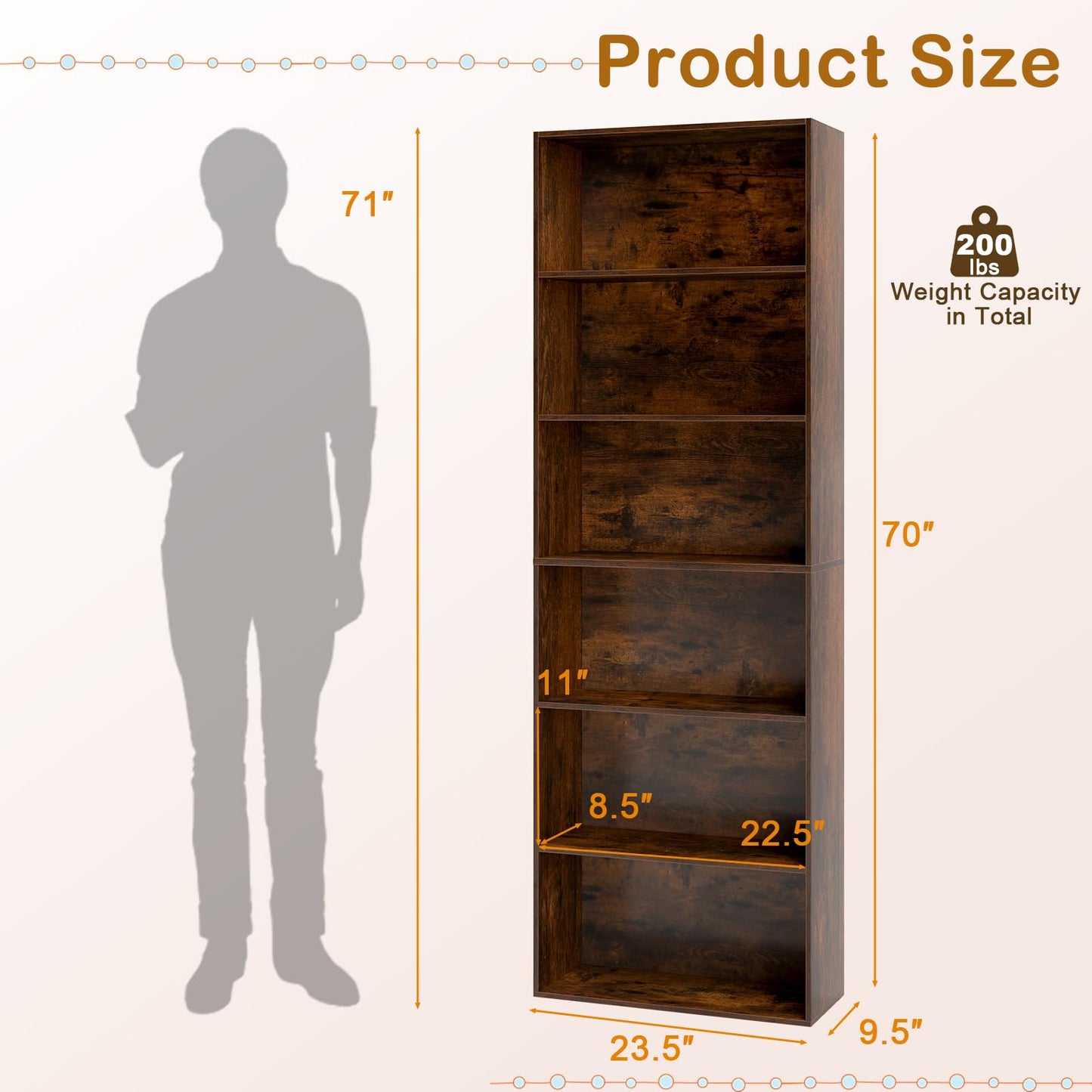 Tangkula 6-Tier Bookcase, 70” Tall Freestanding Bookshelf with 6 Open Shelves