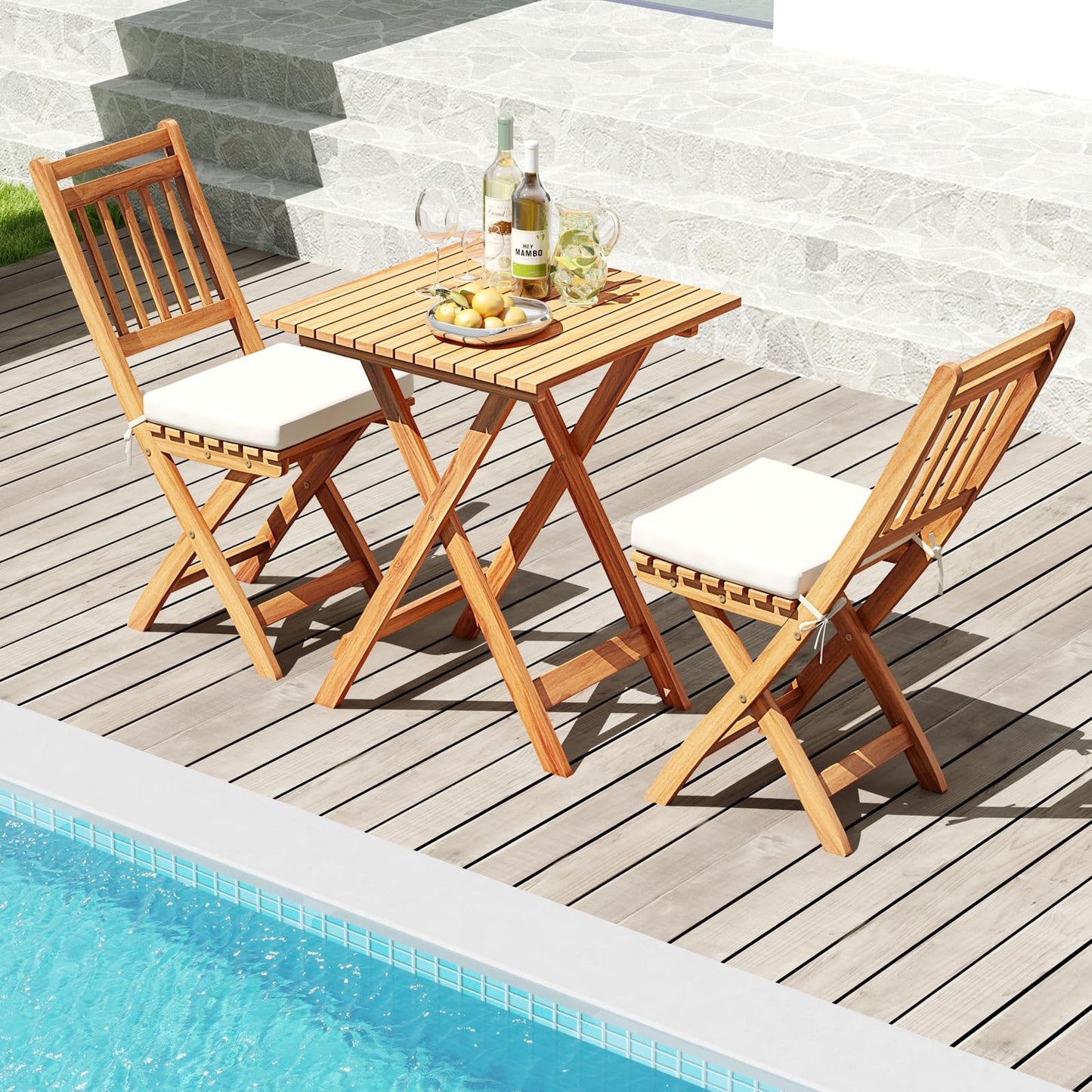 Tangkula Acacia Wood Patio Bistro Set of 3 for Backyard