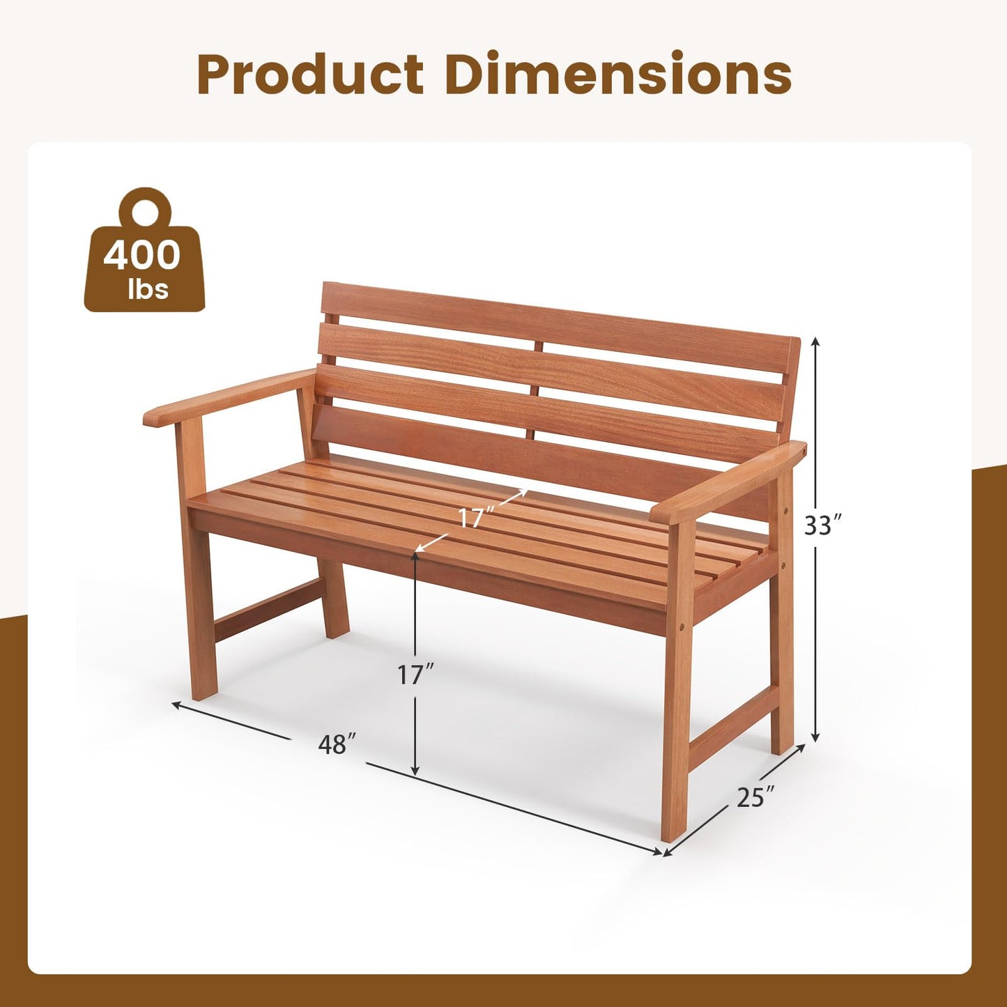Tangkula 48 Inch Hardwood Patio Bench, Wood 2-Seat Chair with Breathable Slatted Seat & Inclined Backrest