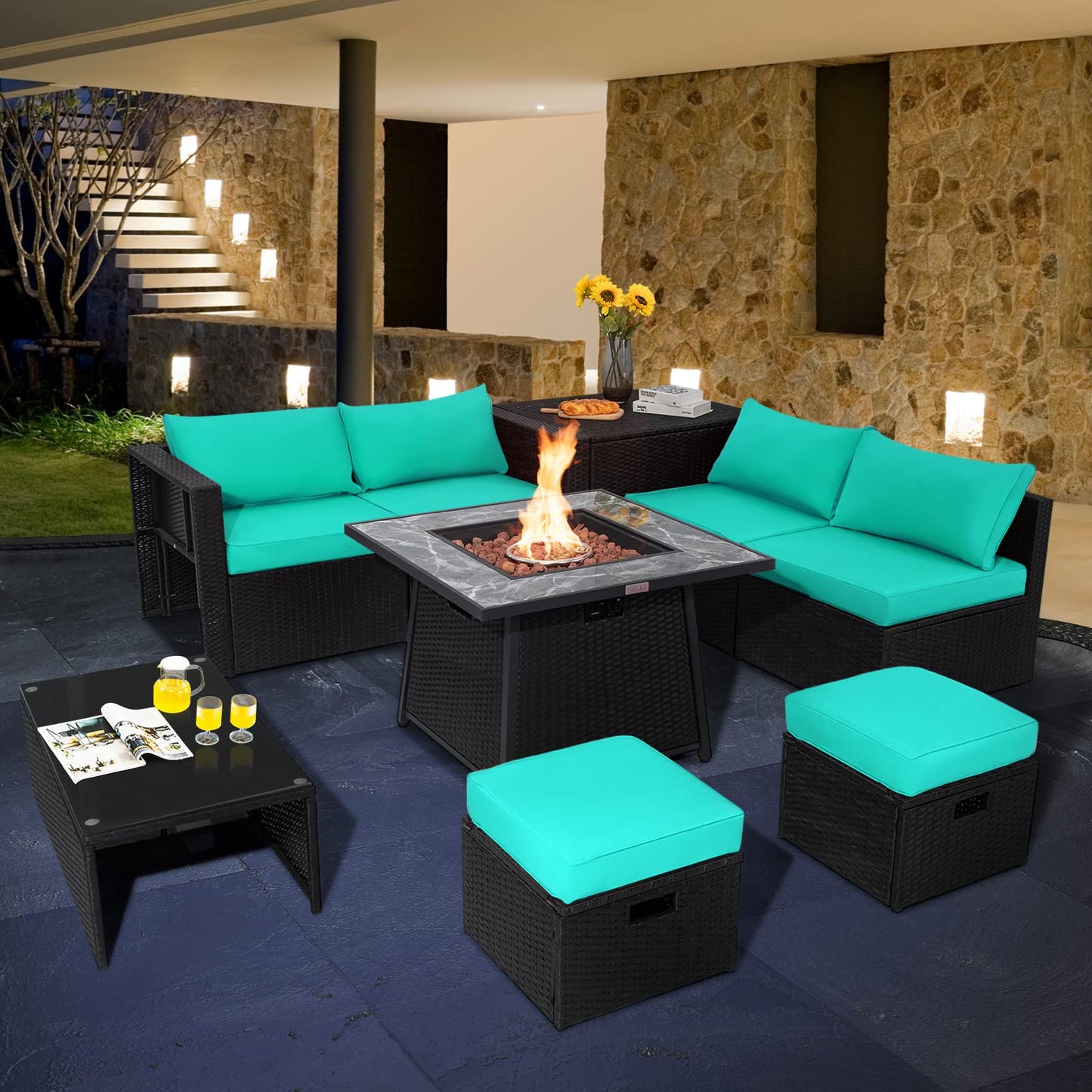 Tangkula 9 Pieces Outdoor PE Rattan Sectional Sofa with 35-Inch Gas Fire Pit Table