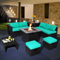 Tangkula 9 Pieces Outdoor PE Rattan Sectional Sofa with 35-Inch Gas Fire Pit Table