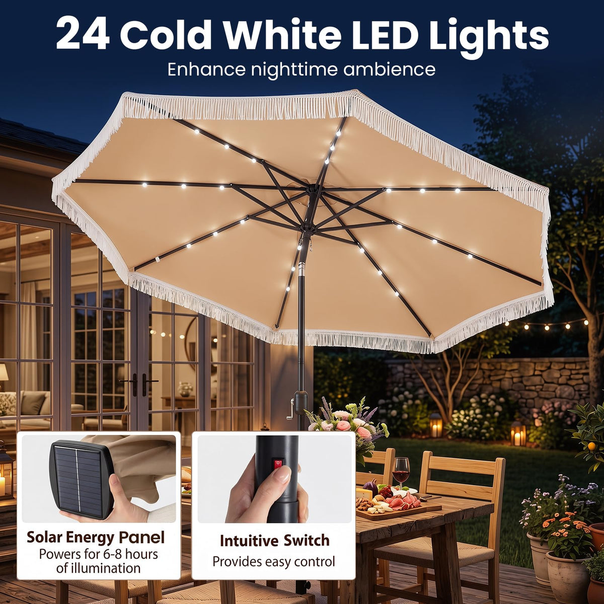 Tangkula 10 FT Solar Patio Umbrella with Fringe
