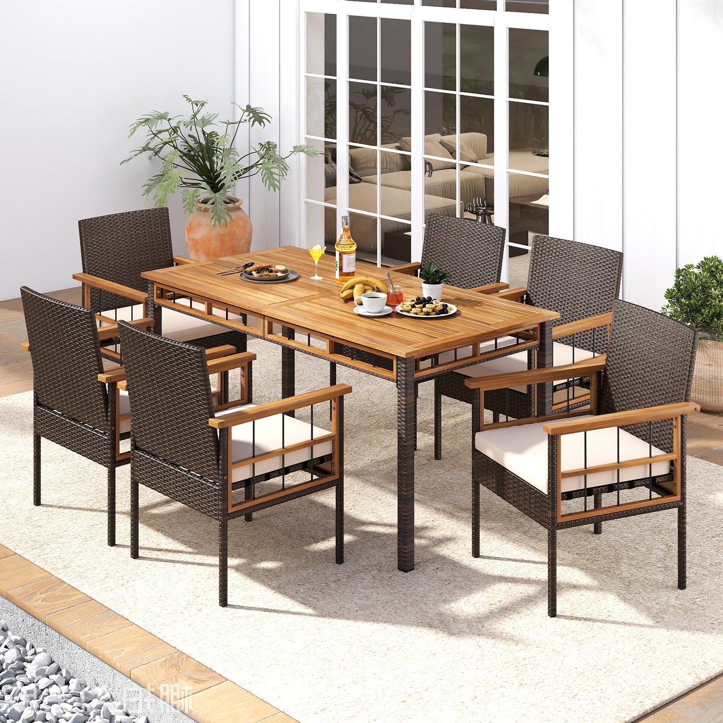 Tangkula Outdoor Acacia Wood Rectangular Table with 1.97” Umbrella Hole and Cushioned Chairs