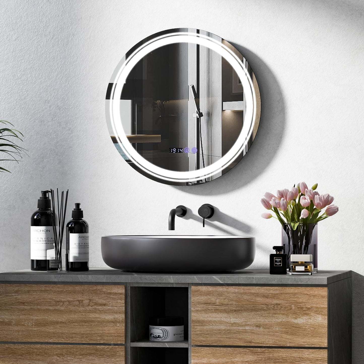 Miroir de salle de bain rond Tangkula avec LED