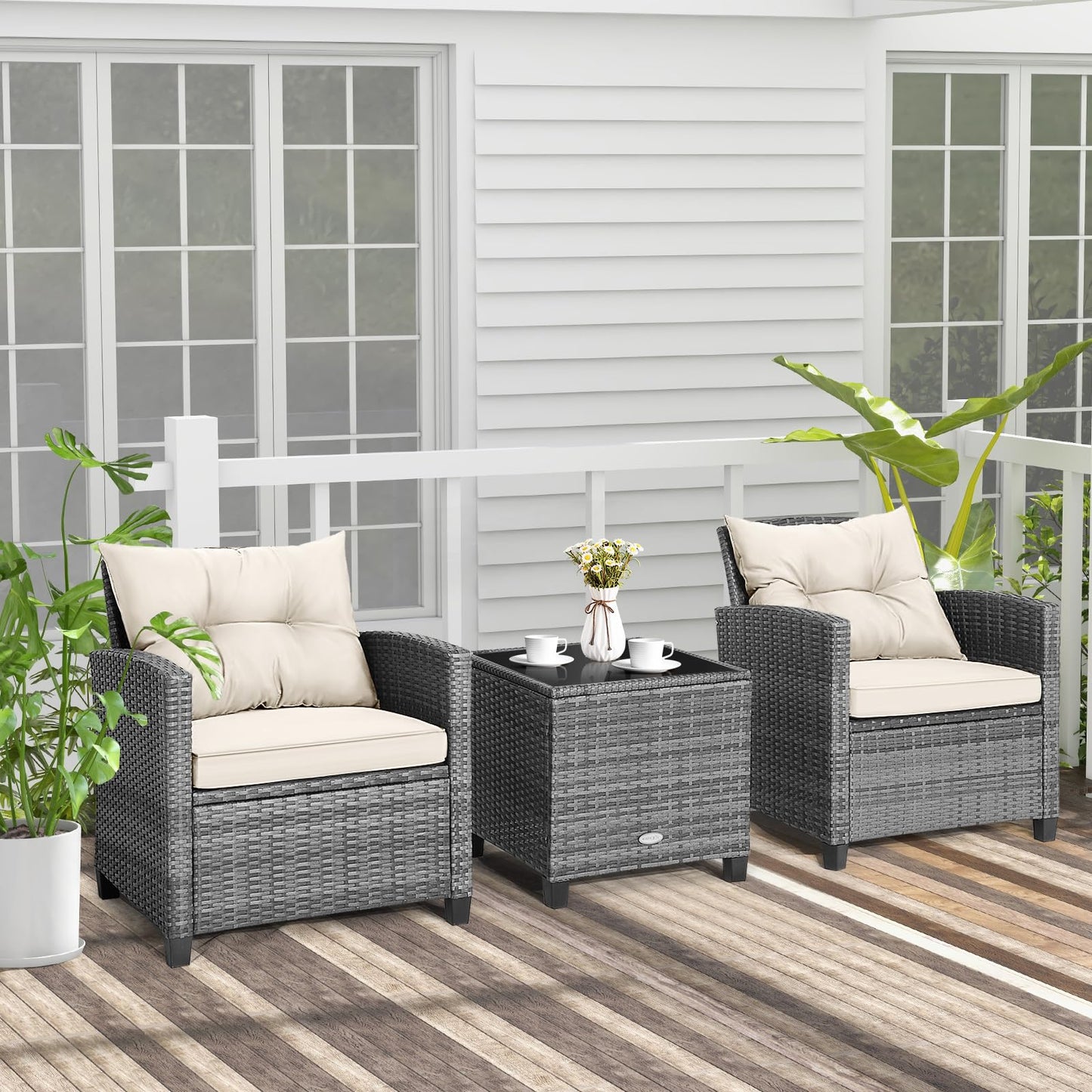 Tangkula PE Rattan Wicker 3 Pcs Outdoor Sofa Set w/Washable Cushion and Tempered Glass Tabletop