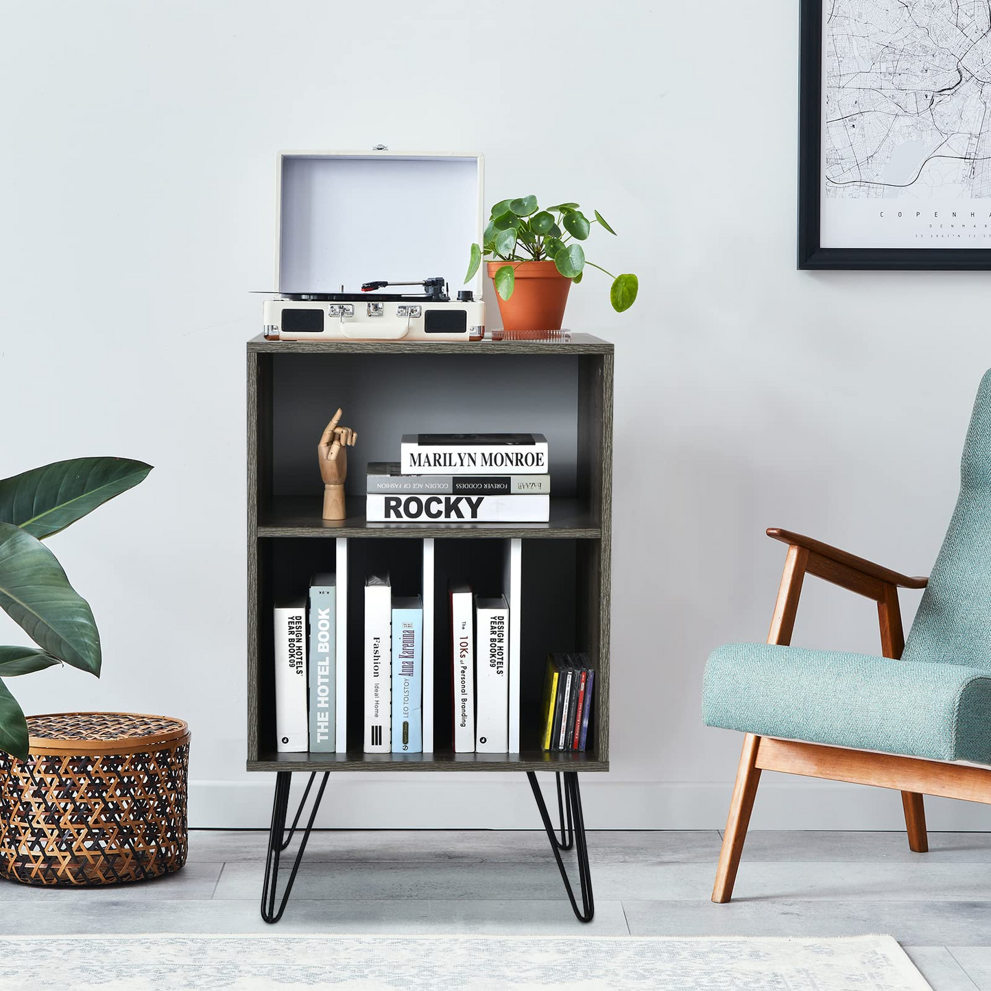 Tangkula Record Player Stand, Turntable Stand with Metal Legs, Vinyl Record Storage Cabinet w/ 5 Open Shelves Holds