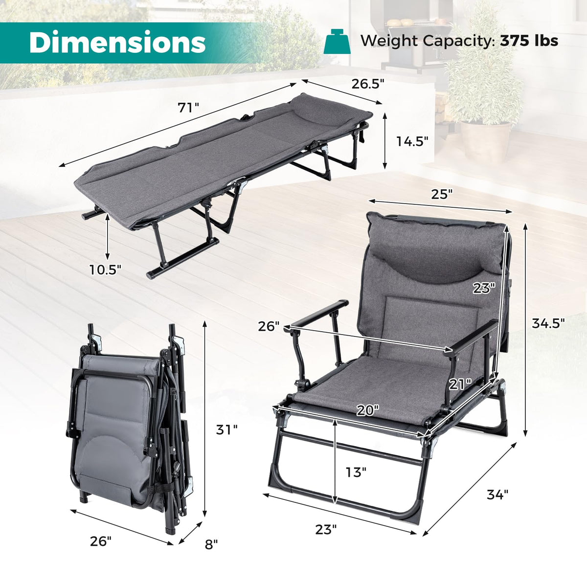 Tangkula 3 in 1 Lounge Chair Outdoor with Cushion