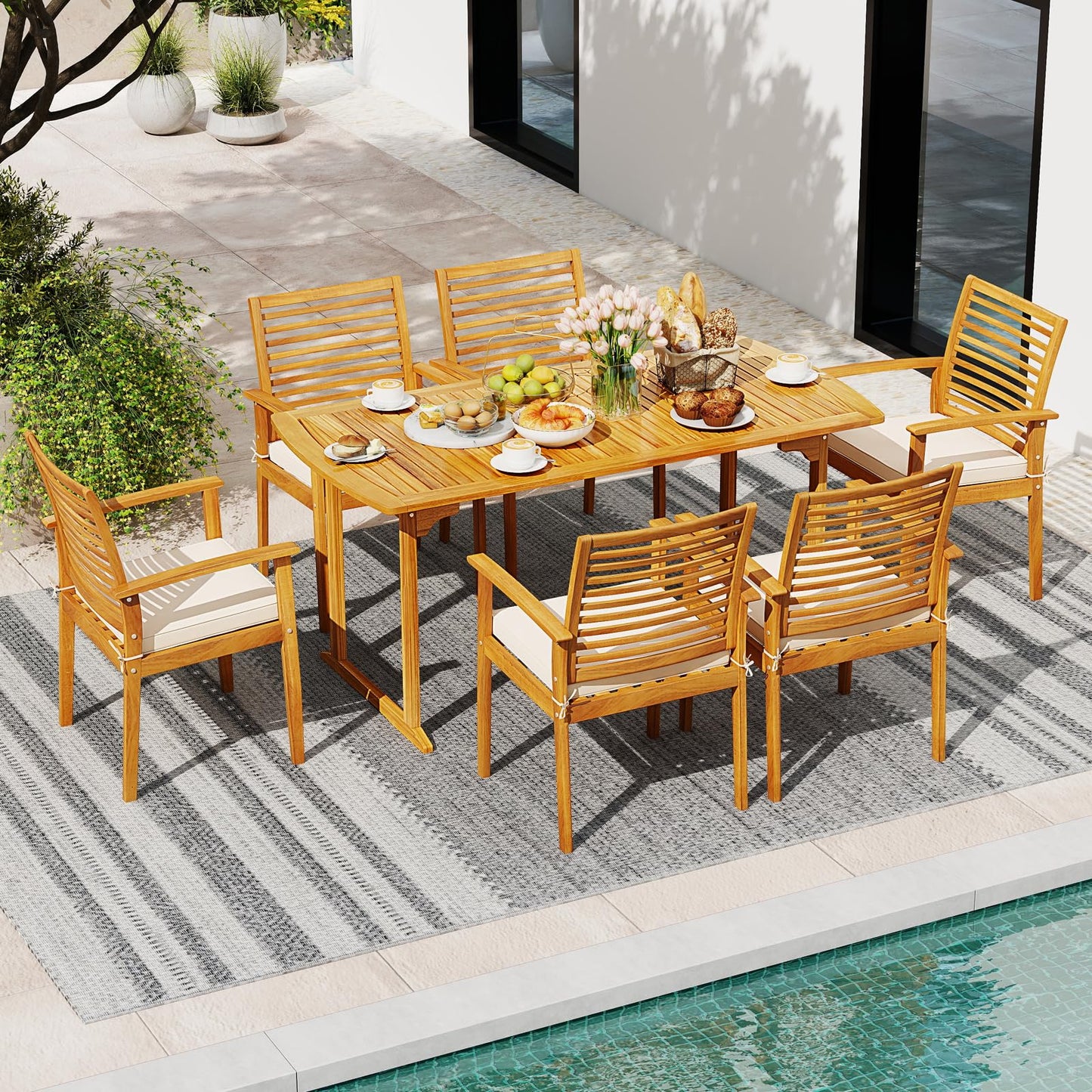Tangkula 7 Piece Patio Acacia Wood Dining Set for 6