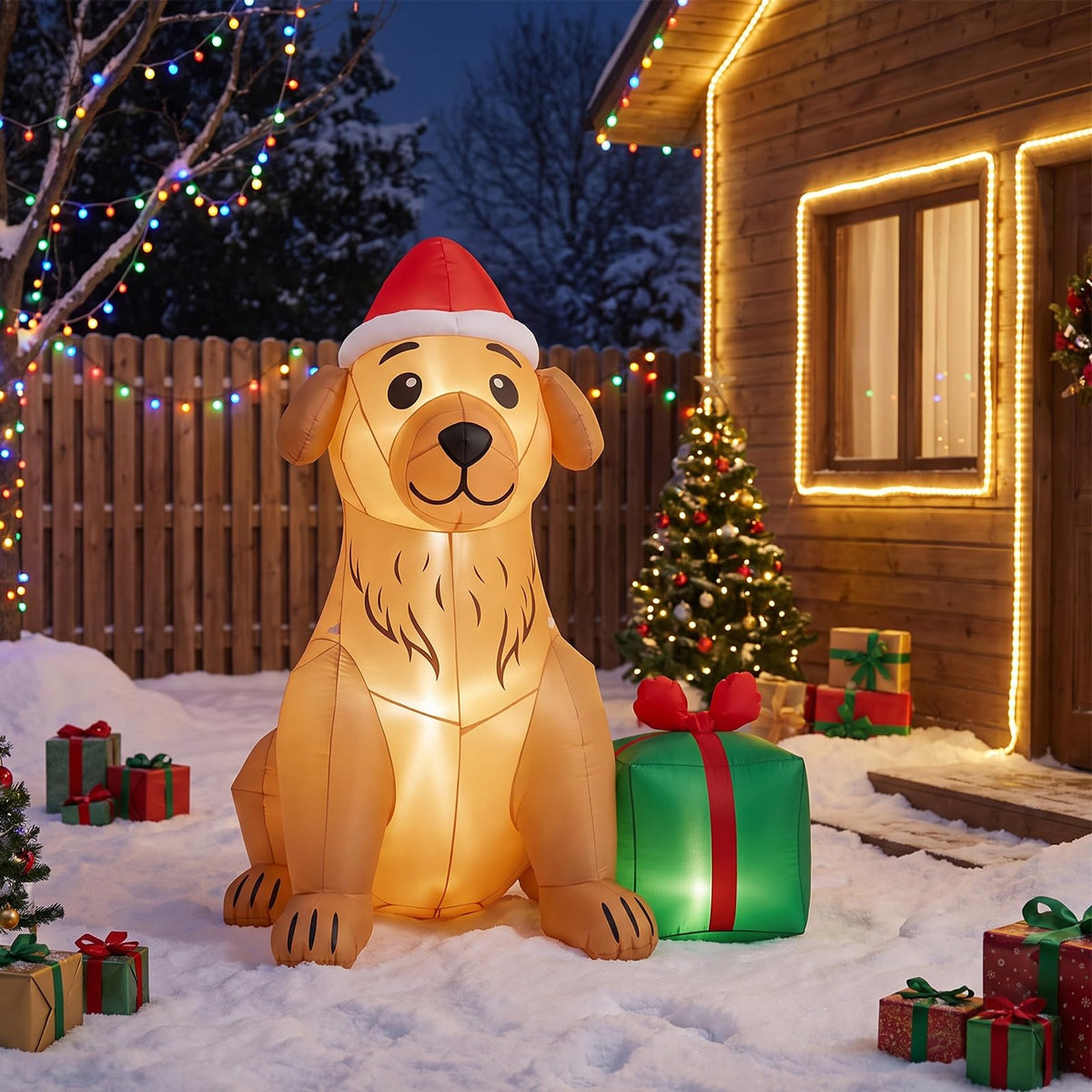 Tangkula 5 FT Christmas Inflatable Golden Retriever Dog with Gift Box
