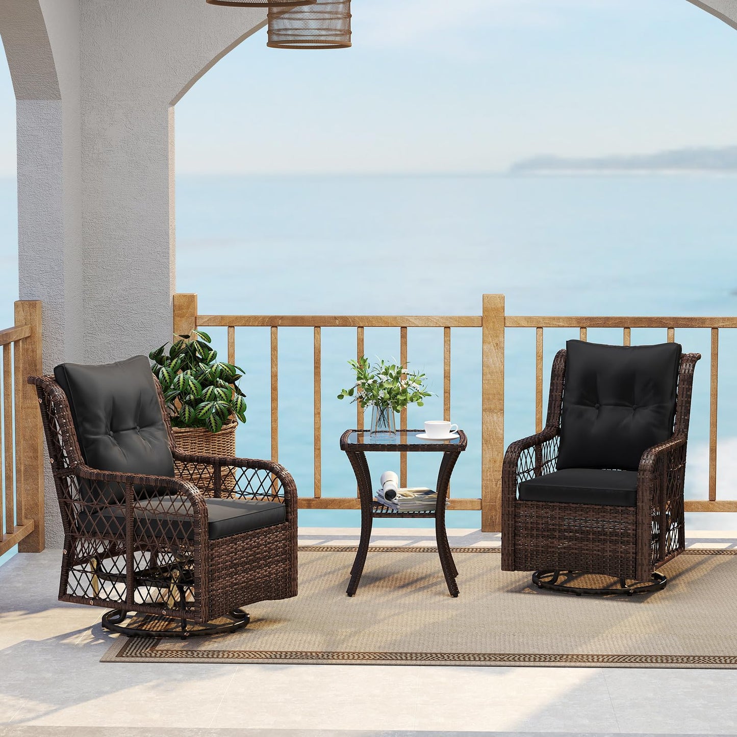 Tangkula 3 Piece Patio Swivel Rocker Set with Tempered Glass Side Table