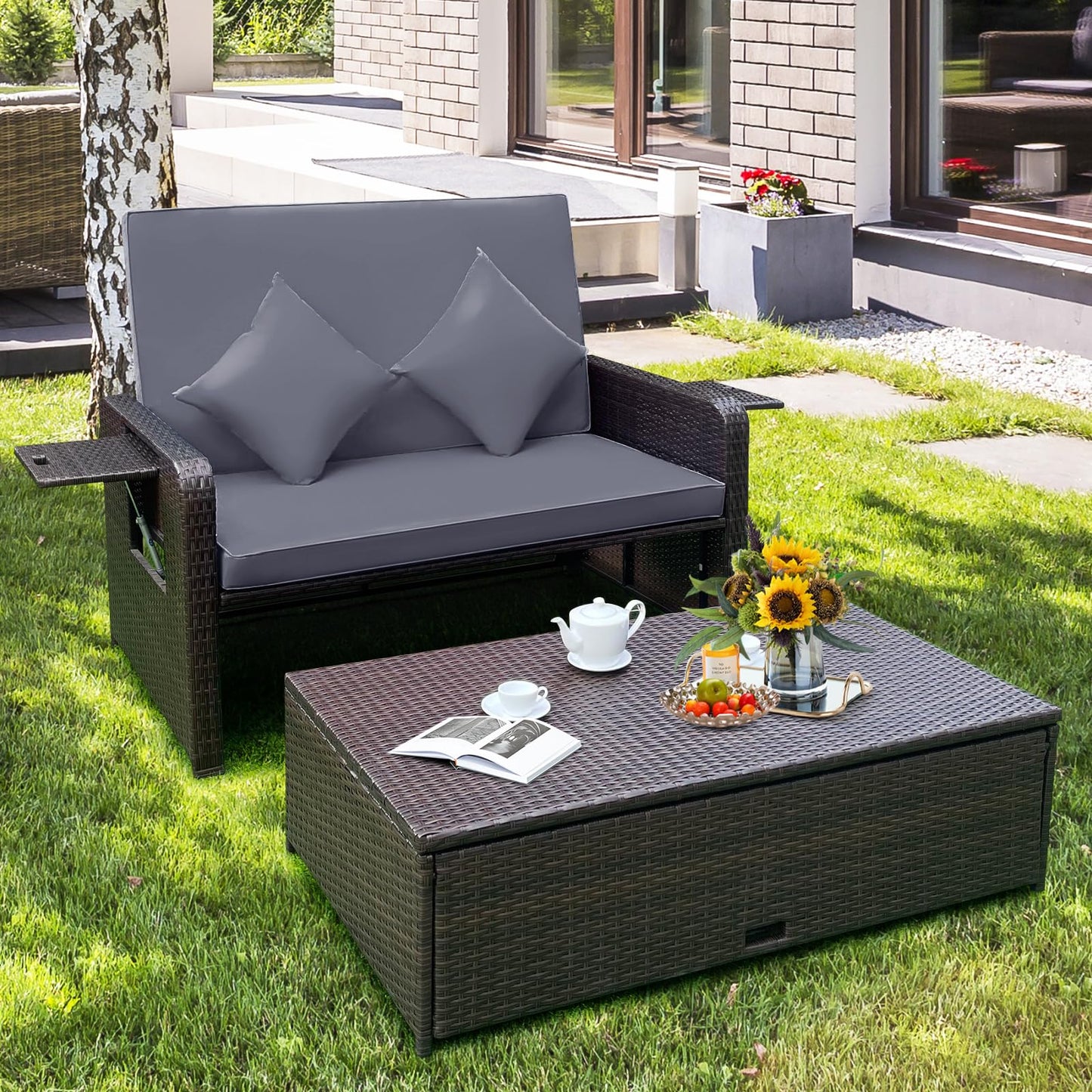 Outdoor PE Wicker Loveseat with Storage Ottoman & Folding Side Tray - Grey