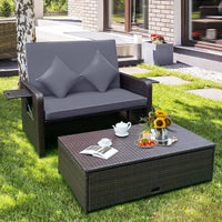 Outdoor PE Wicker Loveseat with Storage Ottoman & Folding Side Tray - Grey