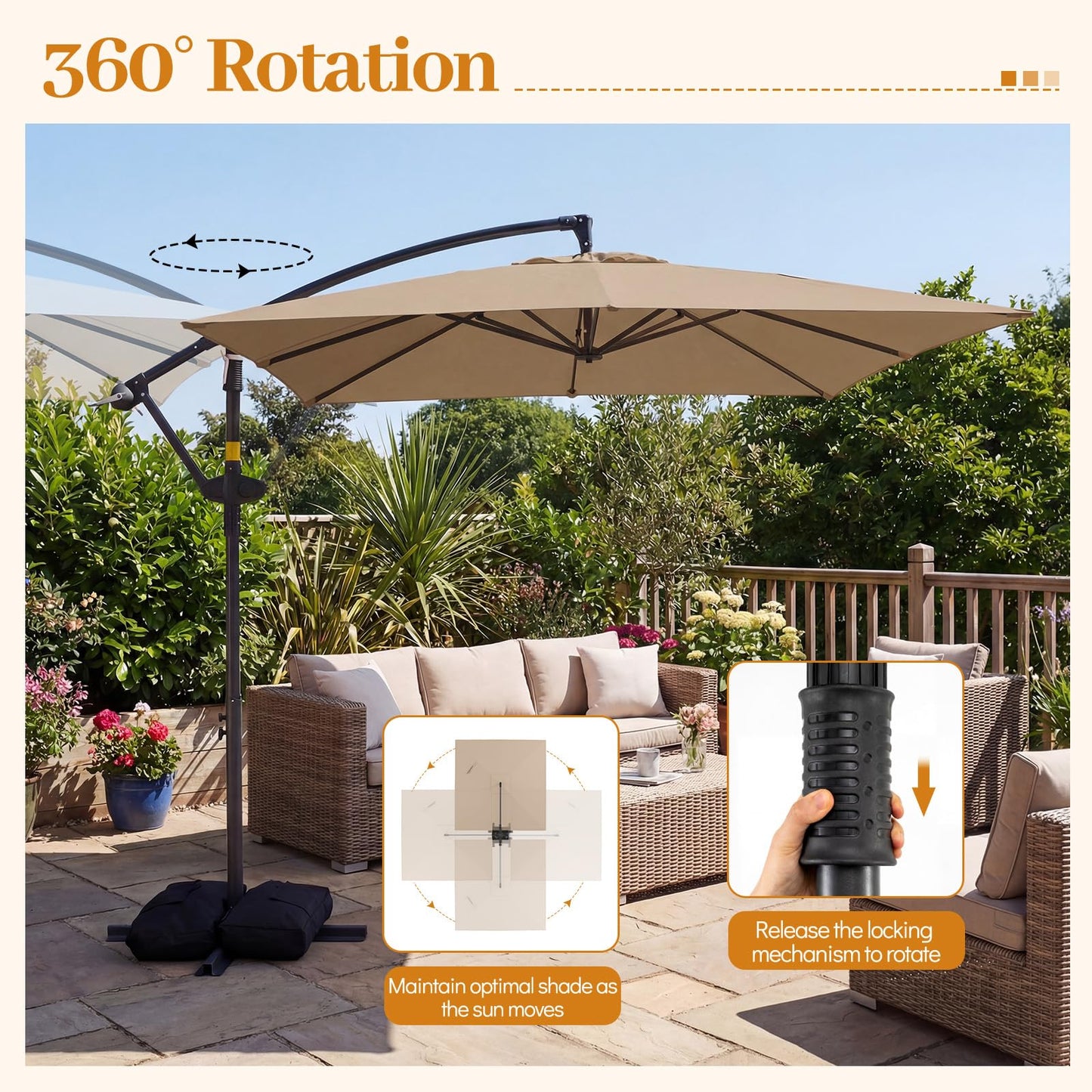 Tangkula 8x8 FT Patio Umbrella with Base Included Square Offset Cantilever 360 Degree Rotation